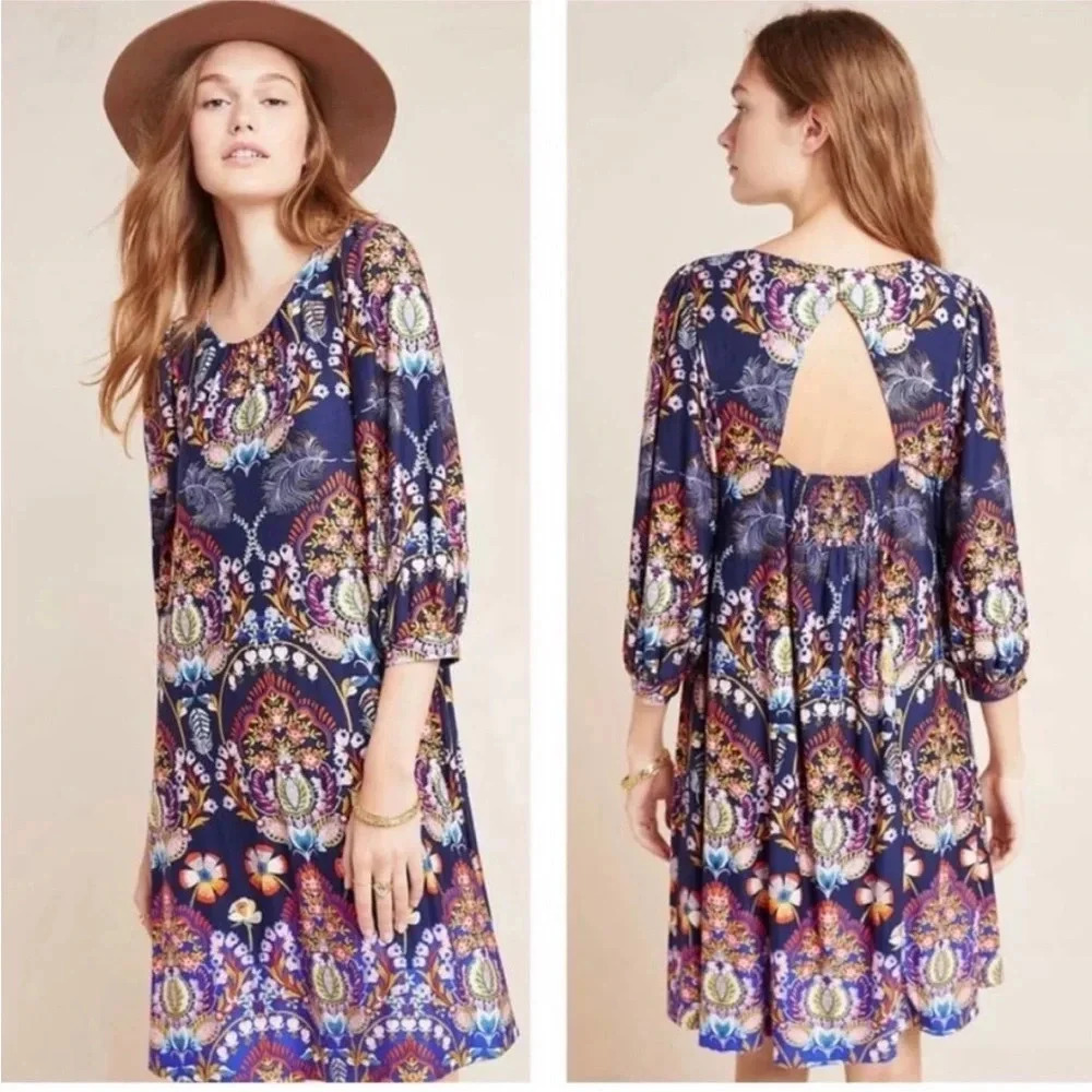 Anthropologie Maeve Sawyer navy floral open back dress sz xs